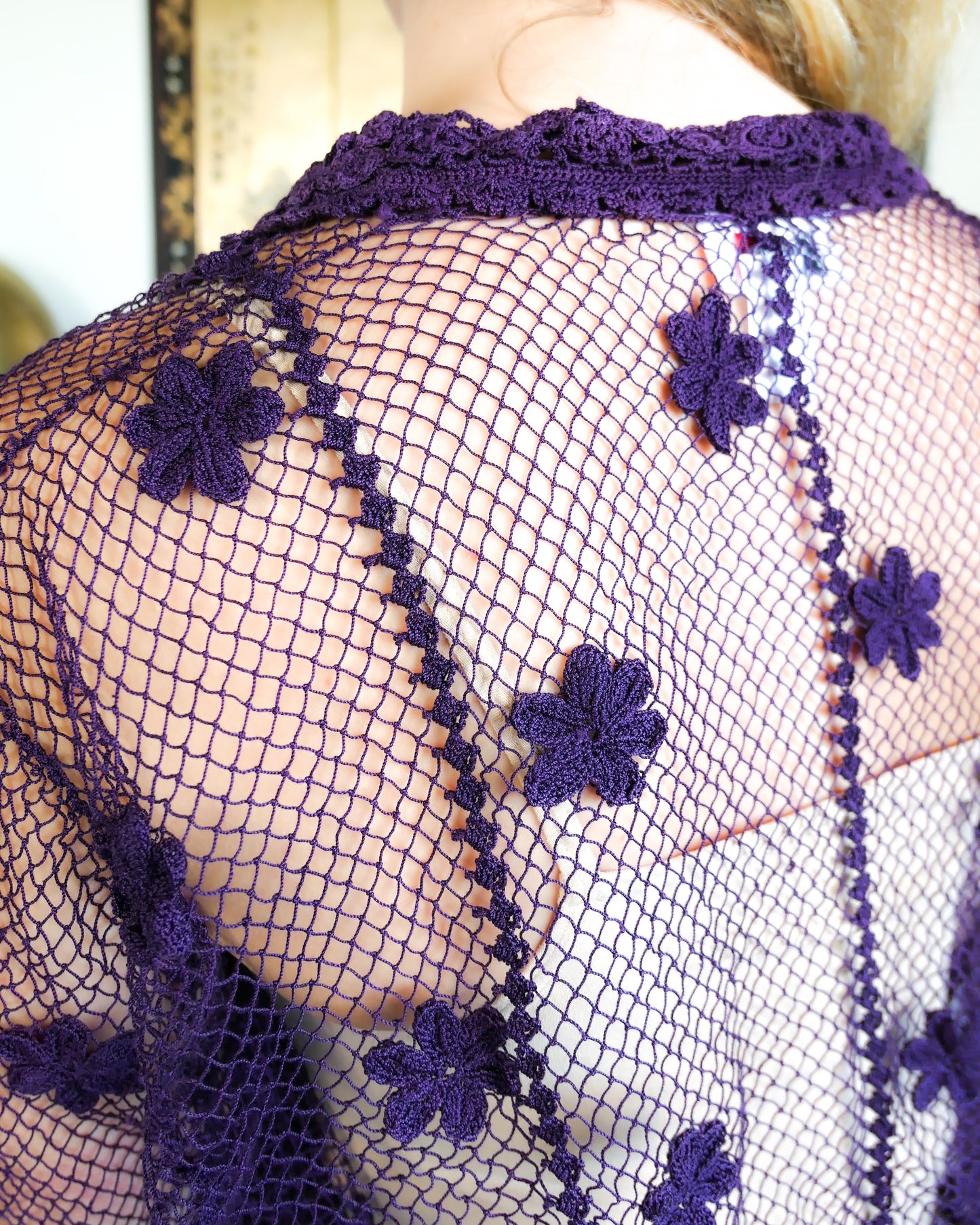Sheer Crochet Cropped Cardigan with Mini Floral Motif