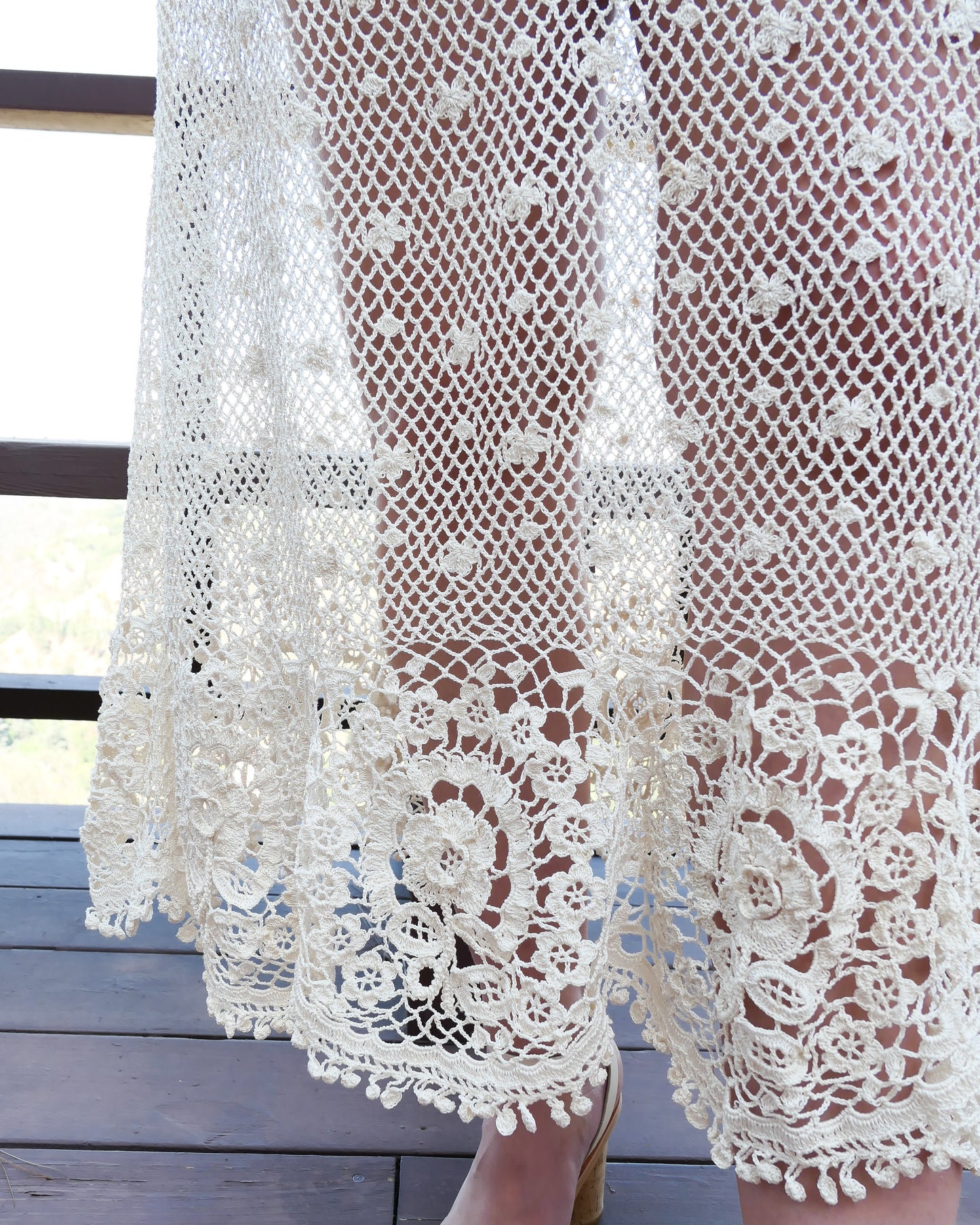 Hand Crocheted Maxi Length Skirt with Floral Motif Hem