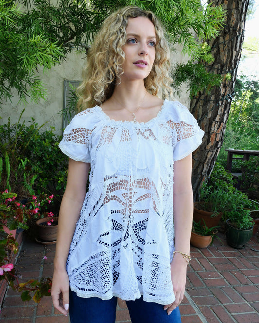 Short Puff Sleeve Tunic Top with Crochet and Cutwork Embroidery