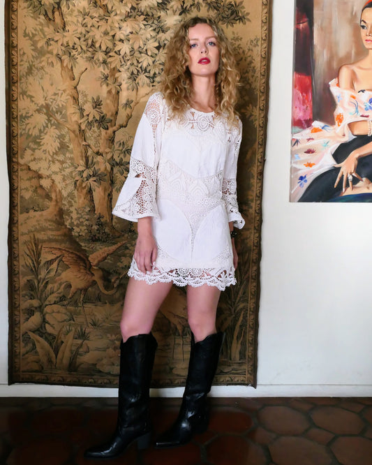 Angelica 3/4 Bell Sleeve Mini Dress with Crochet and Cutwork Embroidery