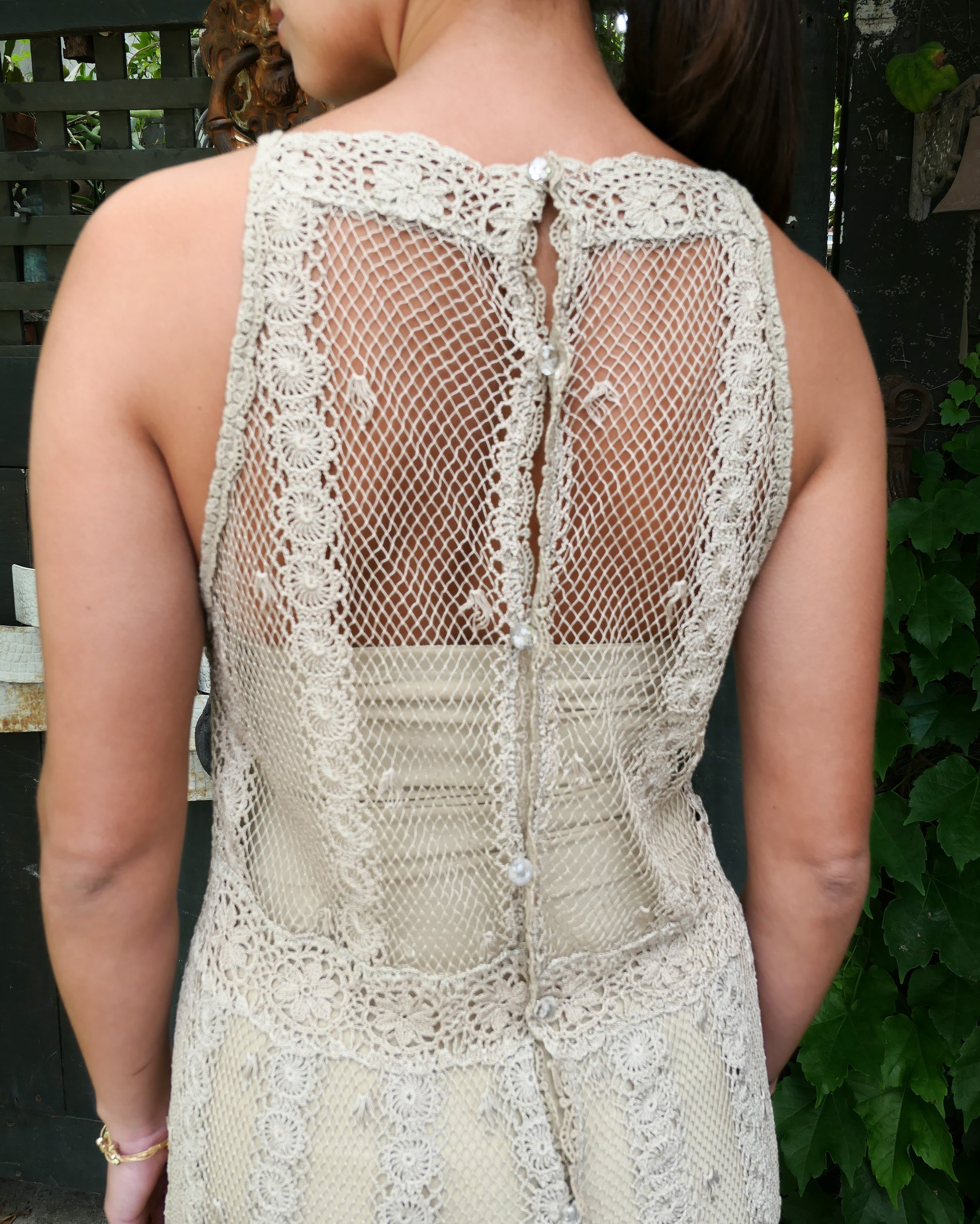 Lim's Vintage Striped Halter Crochet Midi Dress in Taupe Lim's Vintage Striped Halter Crochet Midi Dress in Taupe