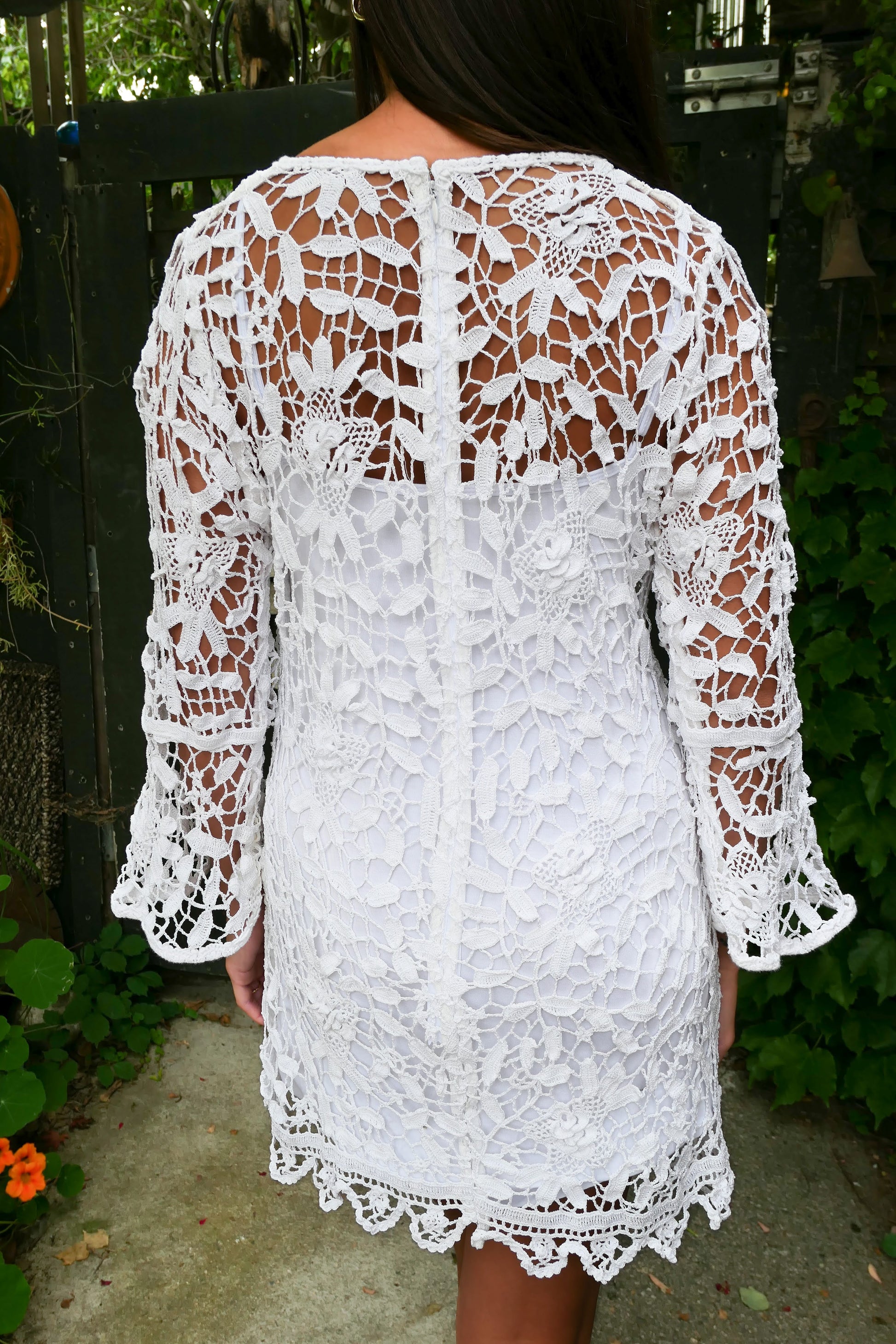 The Bianca Crochet Bell Sleeve Mini Dress by Lim's Vintage The Bianca Crochet Bell Sleeve Mini Dress by Lim's Vintage