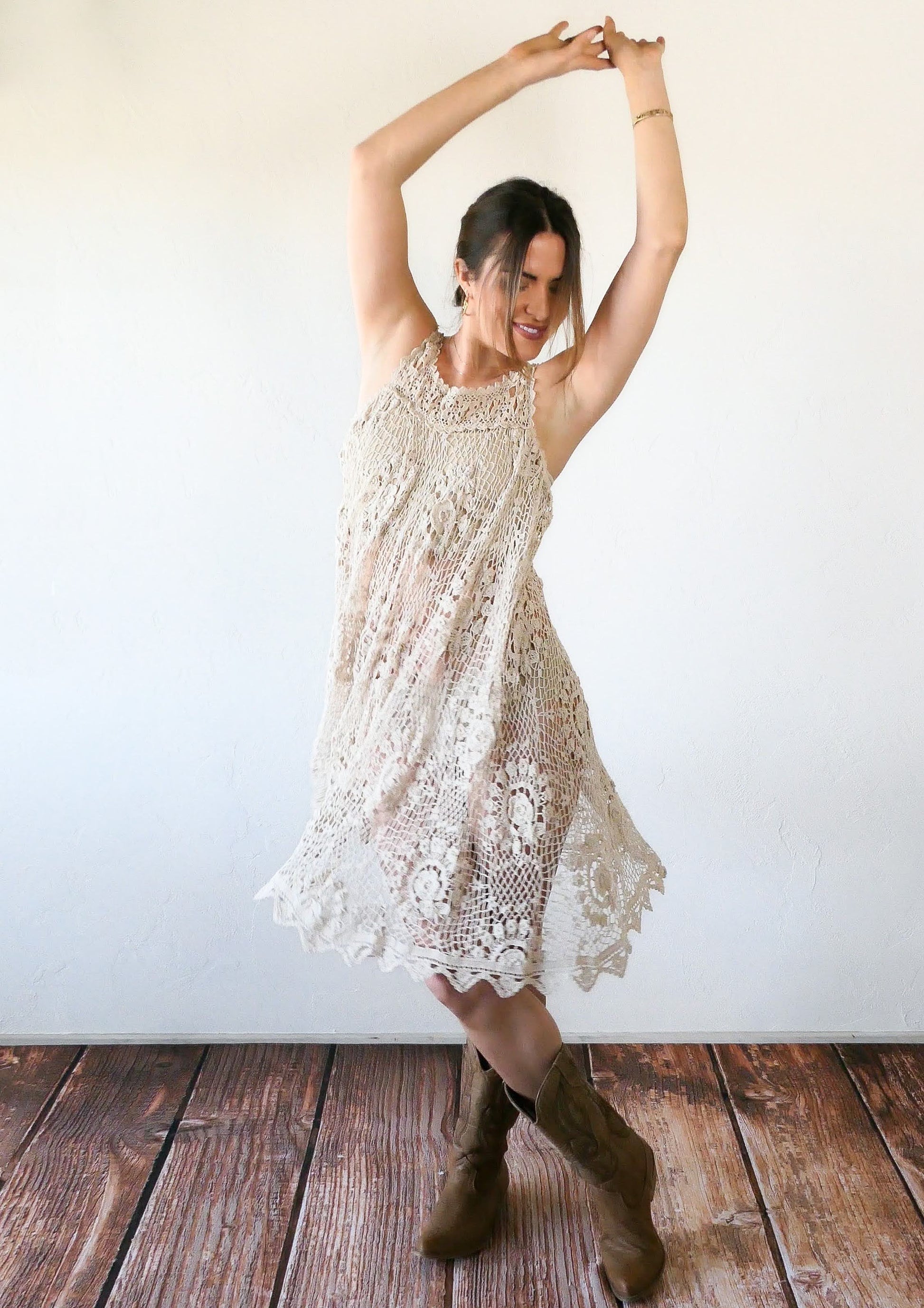 Lim's Vintage Crochet Babydoll Midi Dress in Natural Lim's Vintage Crochet Babydoll Midi Dress in Natural