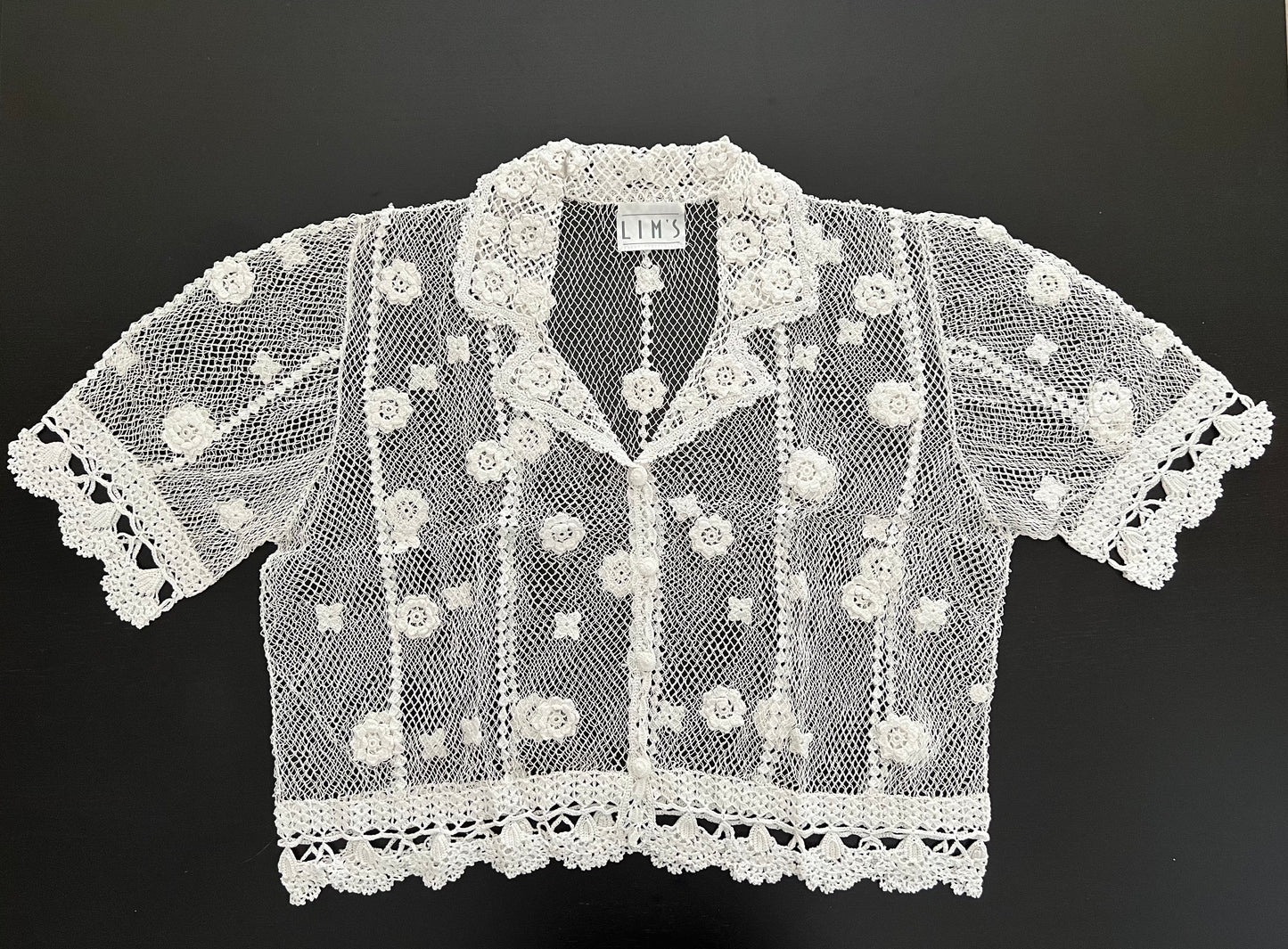 Sheer Crochet Half Sleeve Top with Carnation Motif