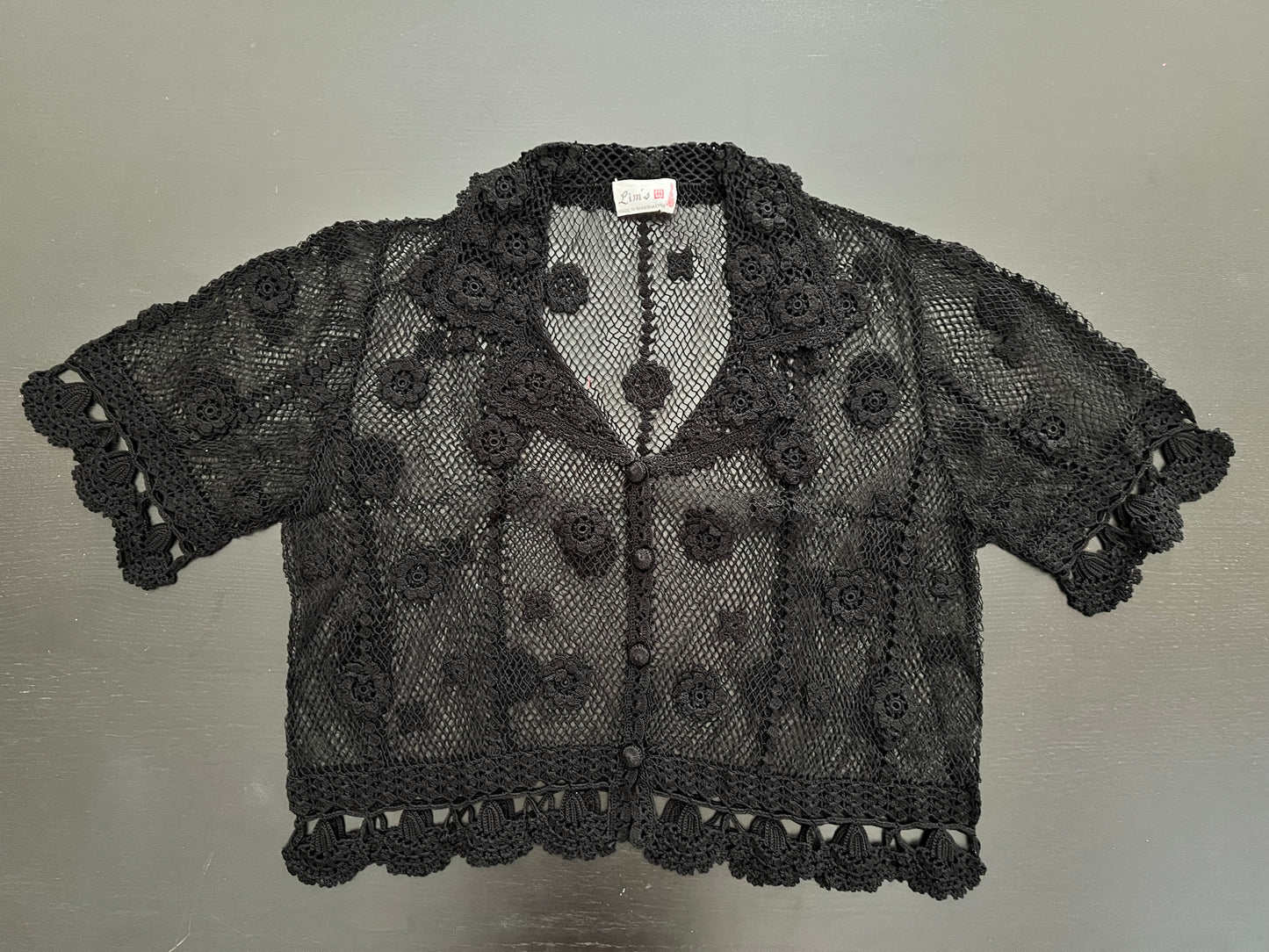 Sheer Crochet Half Sleeve Top with Carnation Motif