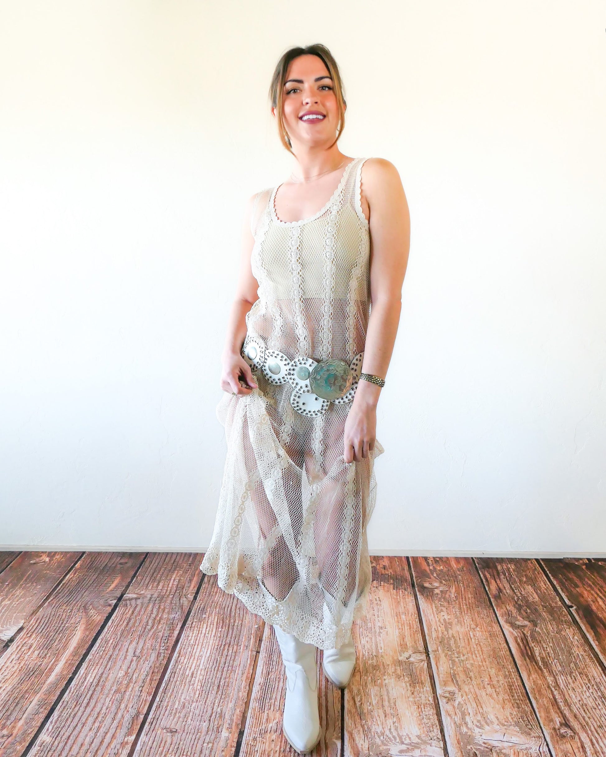 crochet tank maxi dress Crochet Sailor Bardot Maxi Dress Small / Navy/Cream