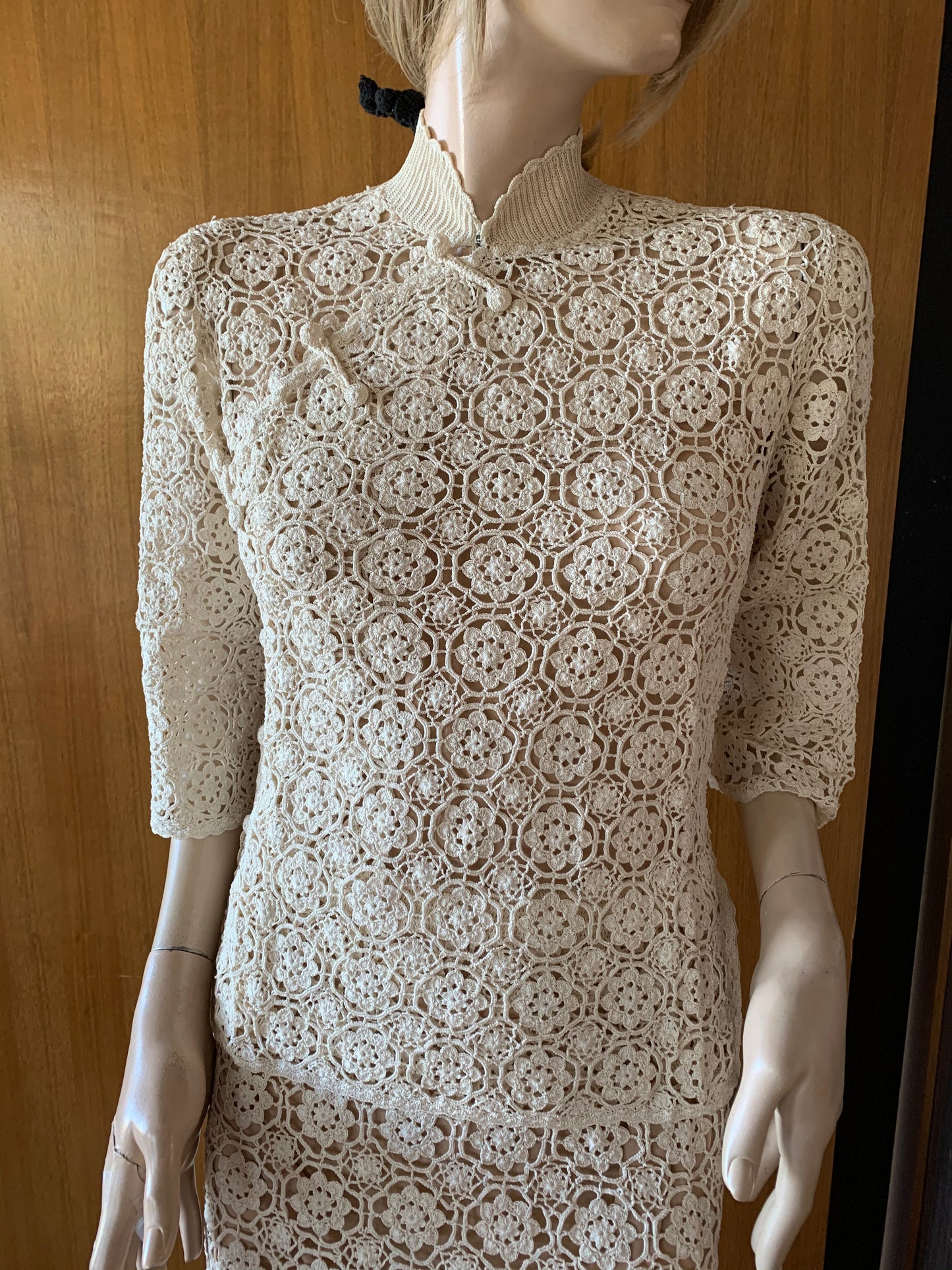 All Hand Crochet Qipao Style Mandarin Collar 3/4 sleeve Top Color Natural, S