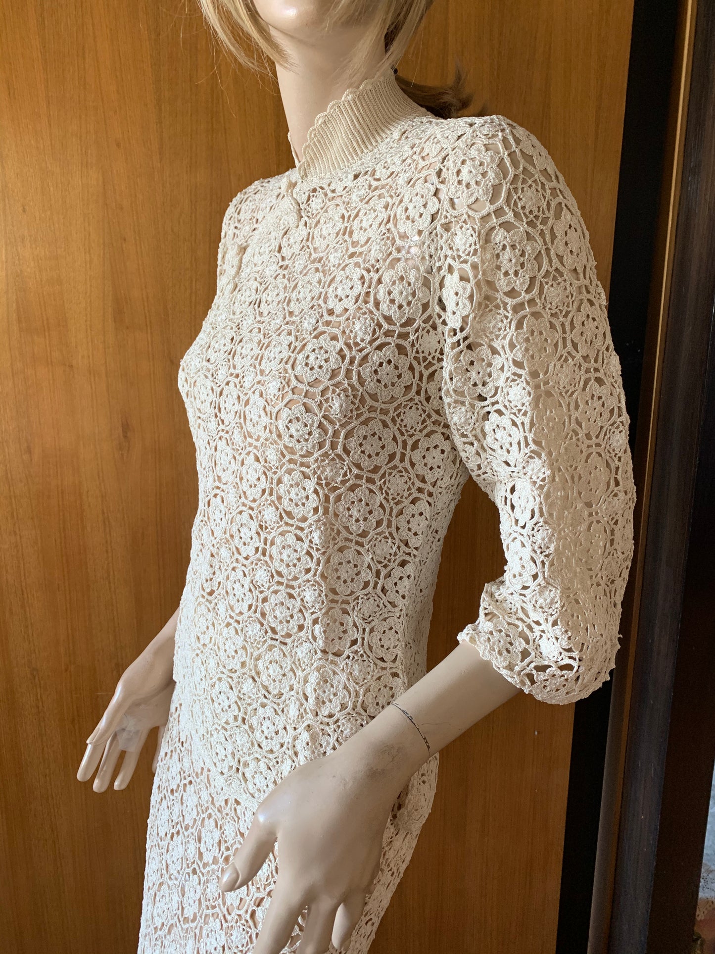 All Hand Crochet Qipao Style Mandarin Collar 3/4 sleeve Top Color Natural, S