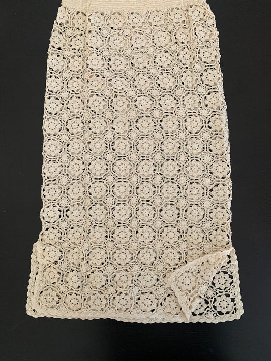 Hand Crocheted Midi Length Chinese Slit Skirt in Color Natural