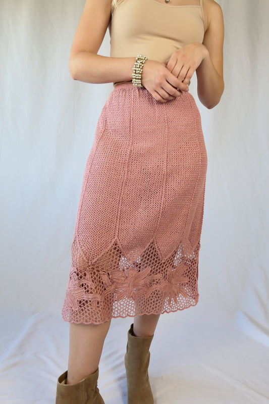 Hand Crocheted Midi Skirt with Lily Flower Motif and Side Slits