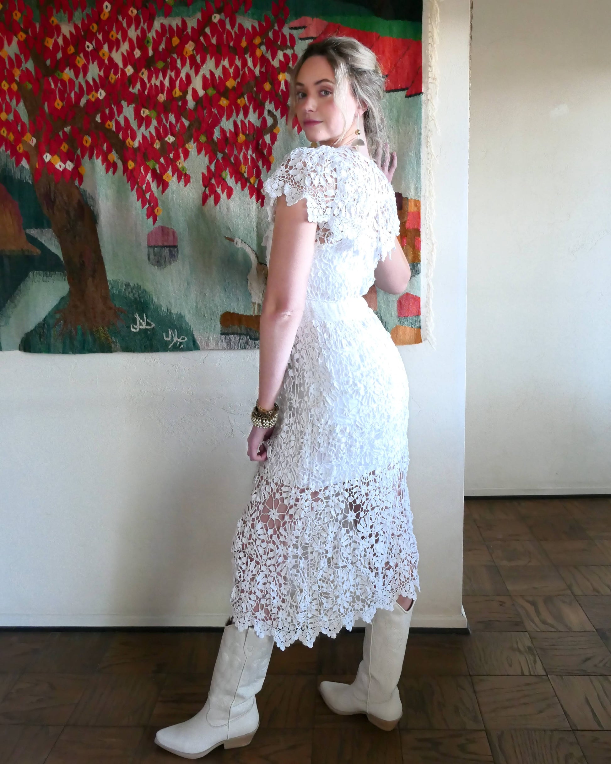 Lim's Vintage Romantic Midi Crochet Dress with Floral and Leaf Motif
