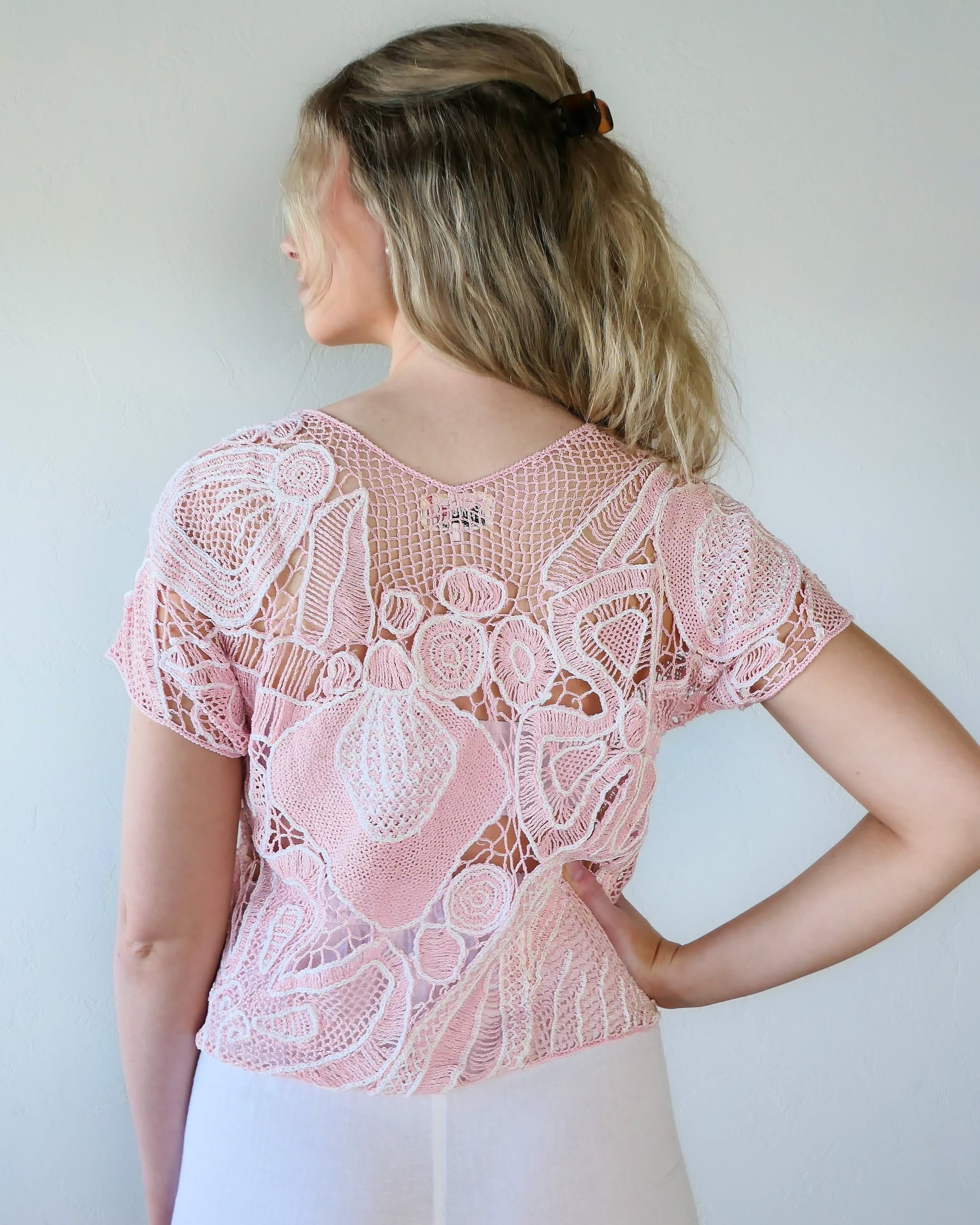 Cotton Candy Pink and White Crochet V-Neck Top with Floral Motif