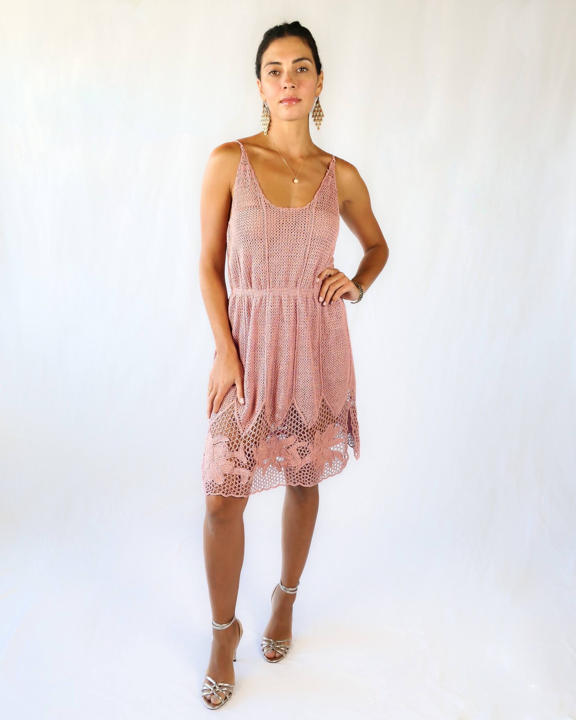 Spaghetti Strap Crochet Dress with Side Slits and Lily Flower Motif Hem Spaghetti Strap Crochet Dress with Side Slits and Lily Flower Motif Hem