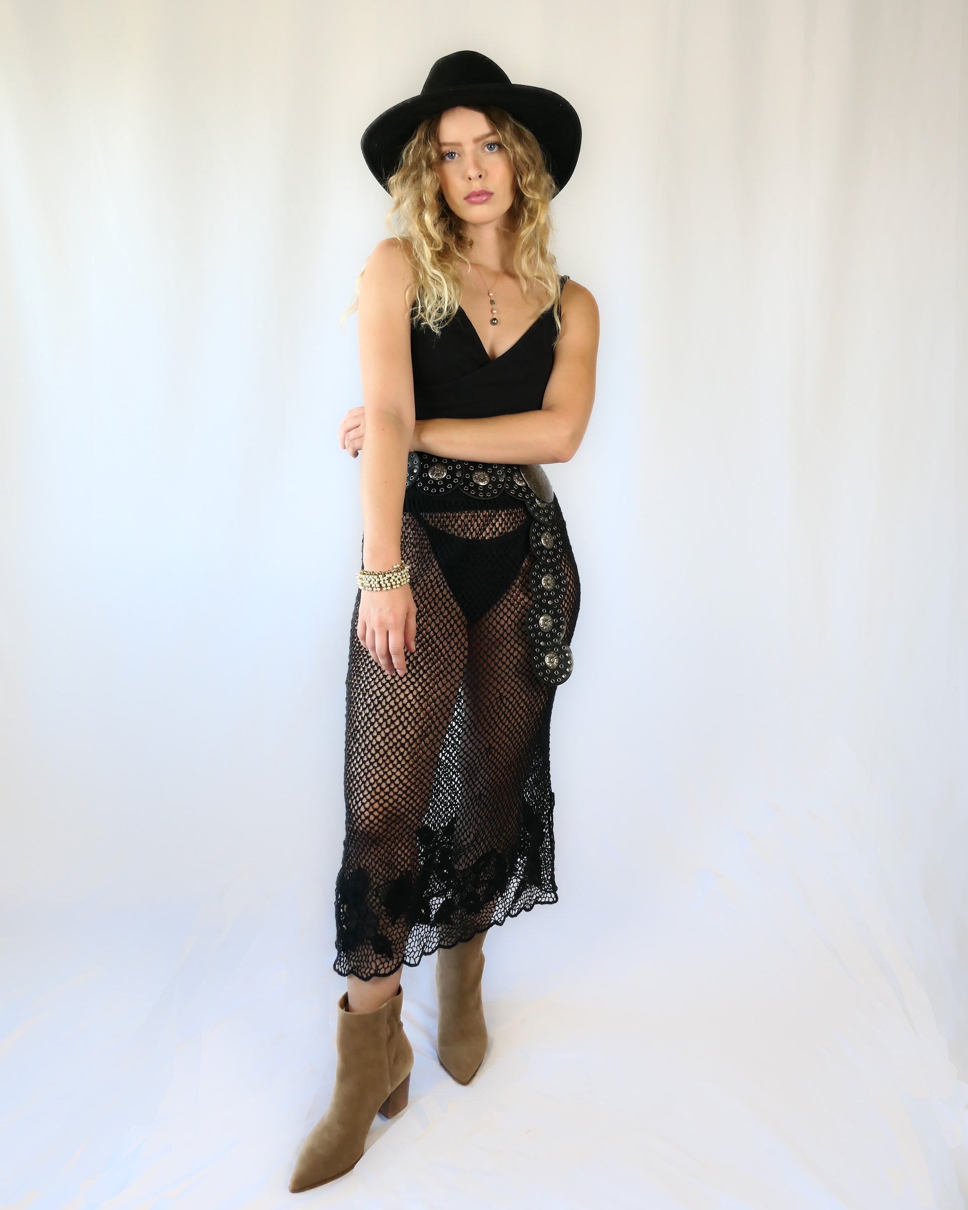 crochet fish net edging Lim's Vintage Fishnet Crochet Midi Skirt with Floral Motif Hem