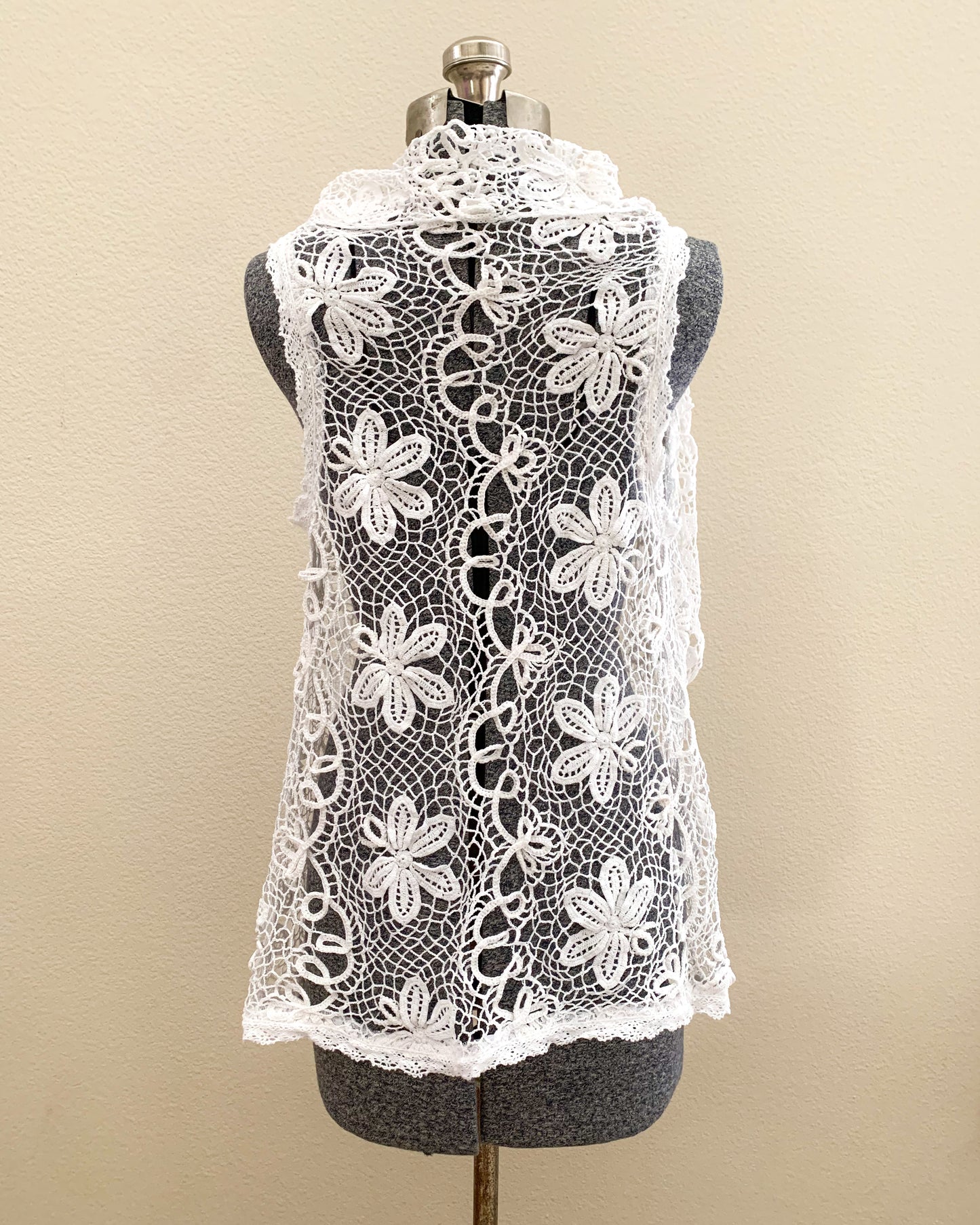 Hand Crocheted Long Coverup Vest with Black and White Daisy Motif