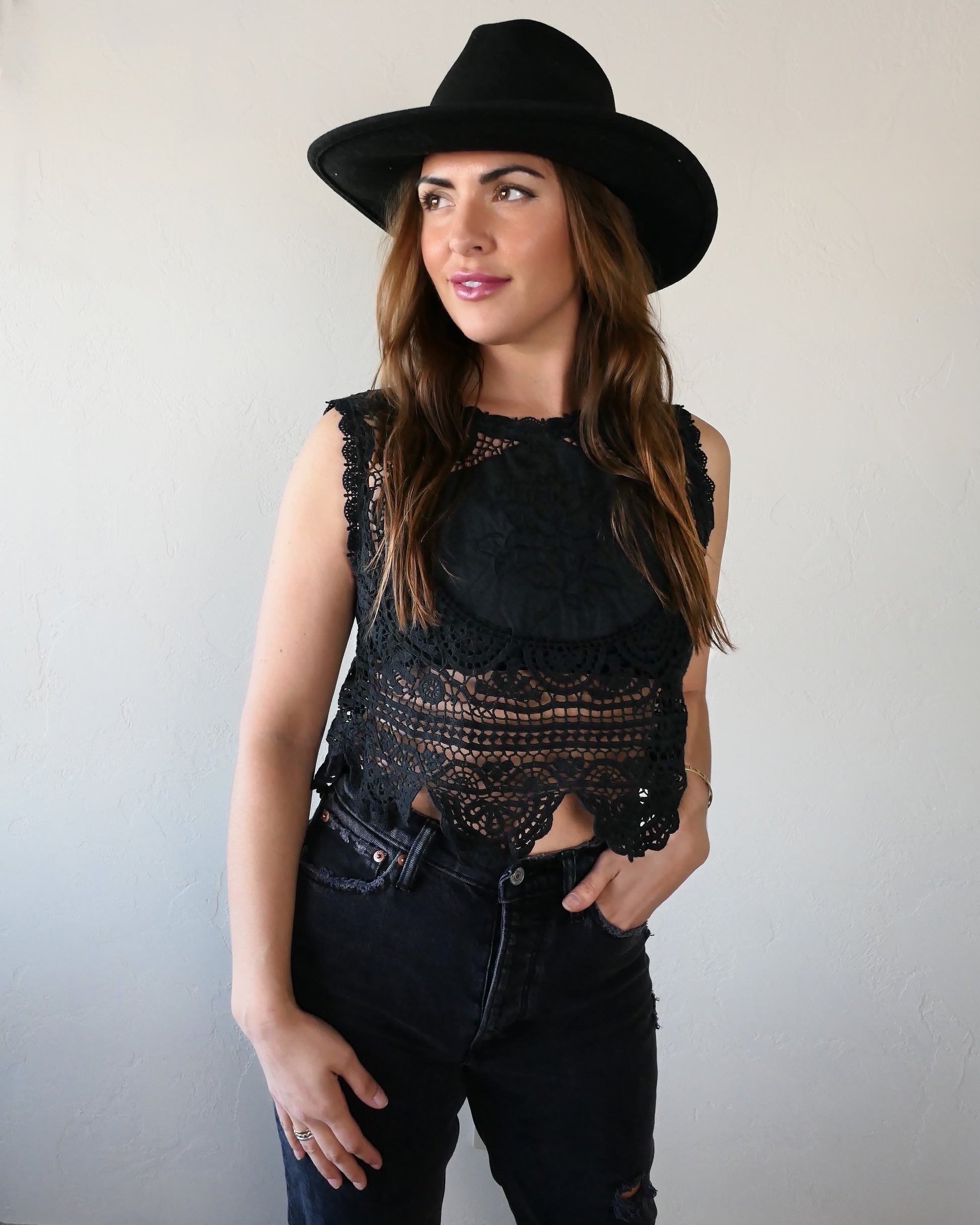 Lim's Vintage Black Rose Crochet and Embroidered Crop Tank Top
