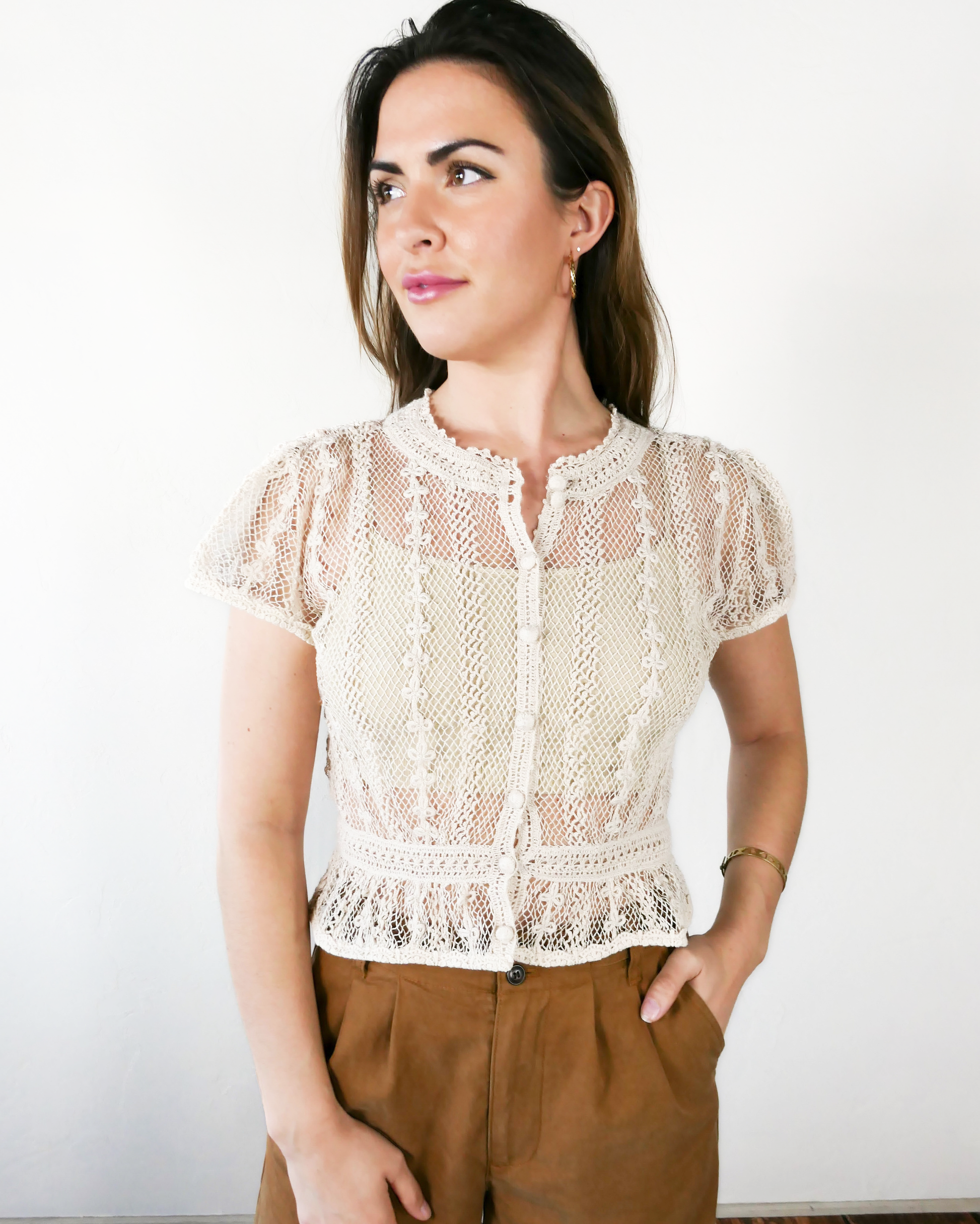 Hand Crocheted Short Puff Sleeve Top with Flared Hem