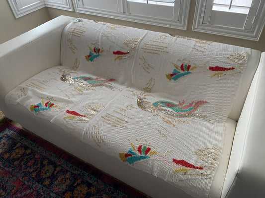 50"x 50" Square Hand Crocheted & Hand Beaded Throw Blanket with Phoenix Motif