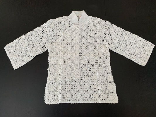 Hand Crocheted Qipao Style Top with 3/4 Length Sleeves and Side Slit