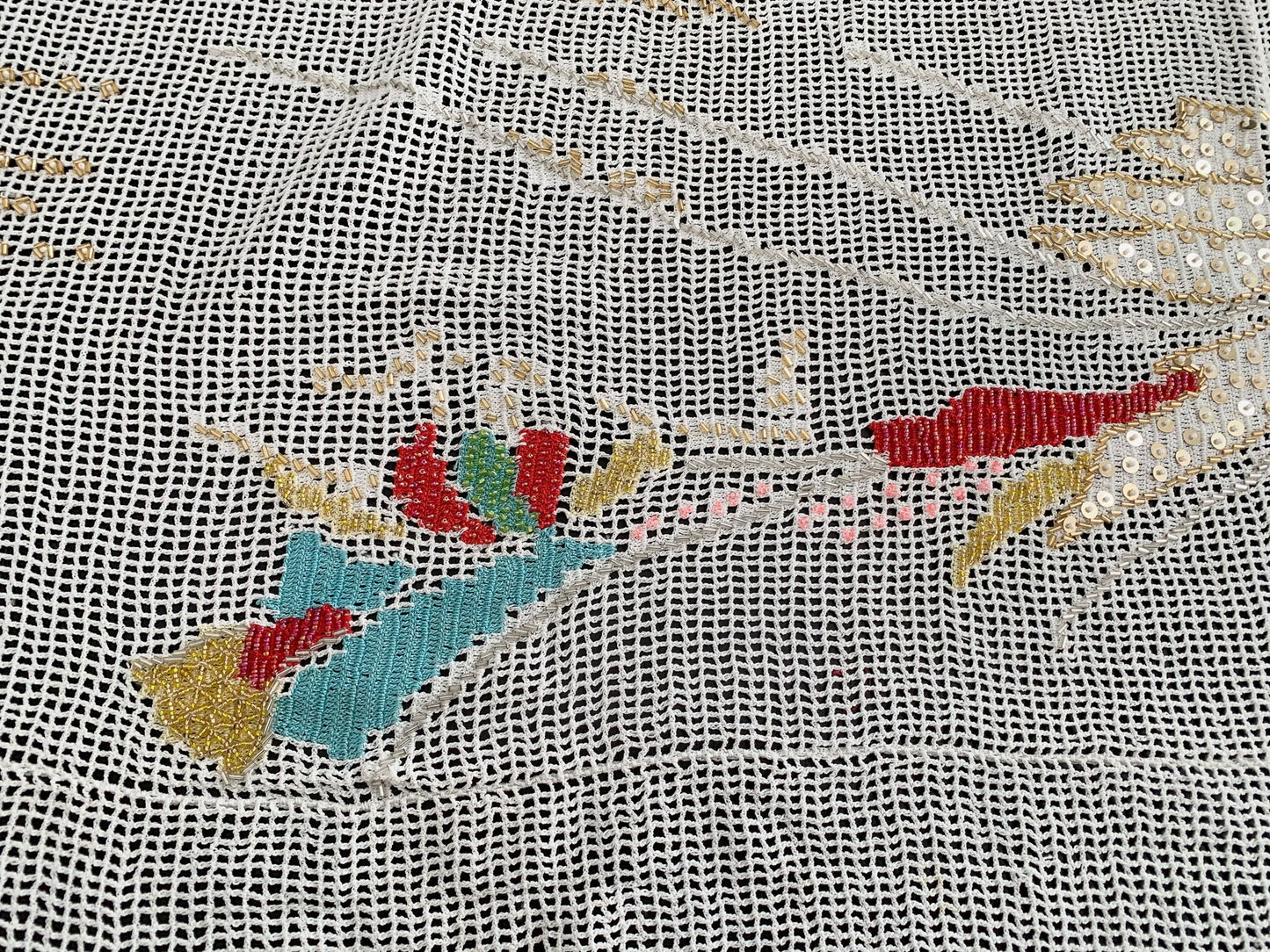 50"x 50" Square Hand Crocheted & Hand Beaded Throw Blanket with Phoenix Motif