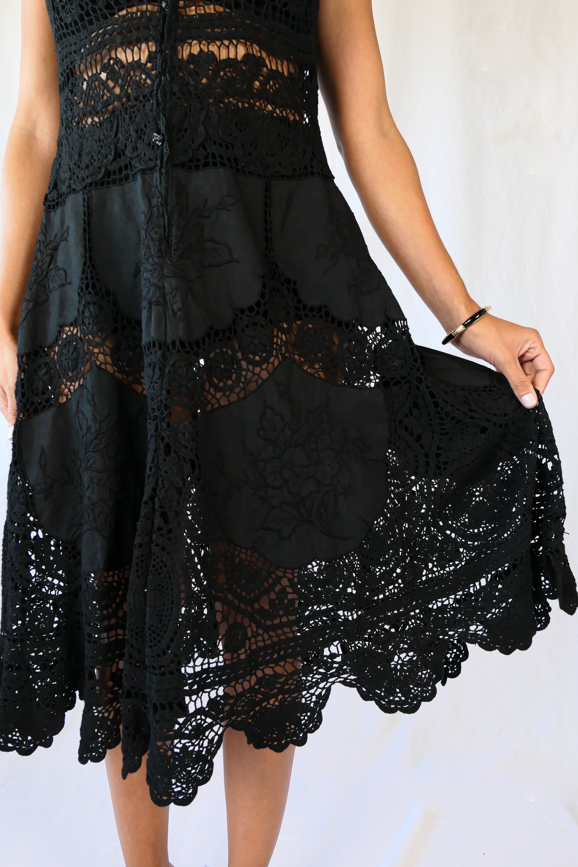 Crochet and Patchwork Embroidered Black Midi Flared Cocktail Dress Crochet and Patchwork Embroidered Black Midi Flared Cocktail Dress