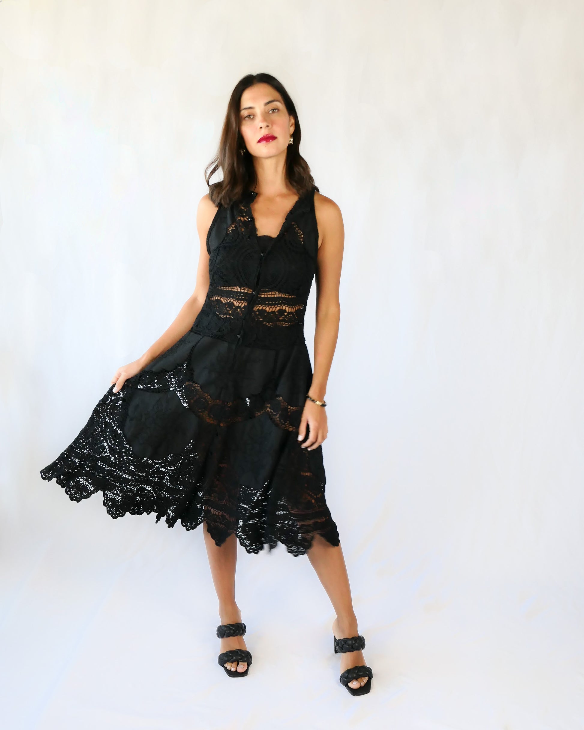 Crochet and Patchwork Embroidered Black Midi Flared Cocktail Dress Crochet and Patchwork Embroidered Black Midi Flared Cocktail Dress