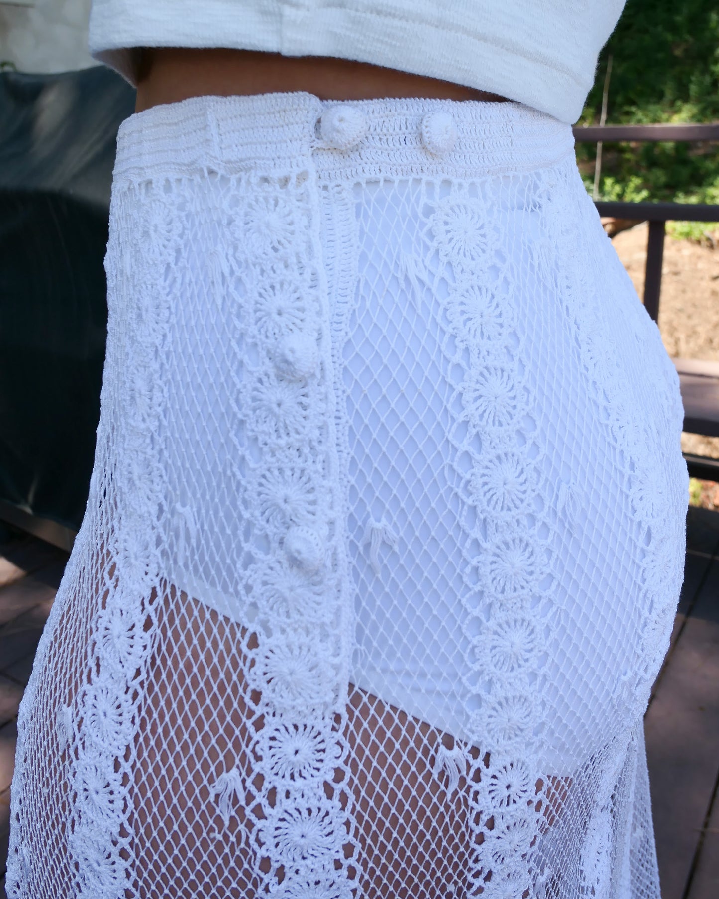 Hand Crocheted Sheer Midi Length Skirt with Vertical Stripes and Floral Motif Hem