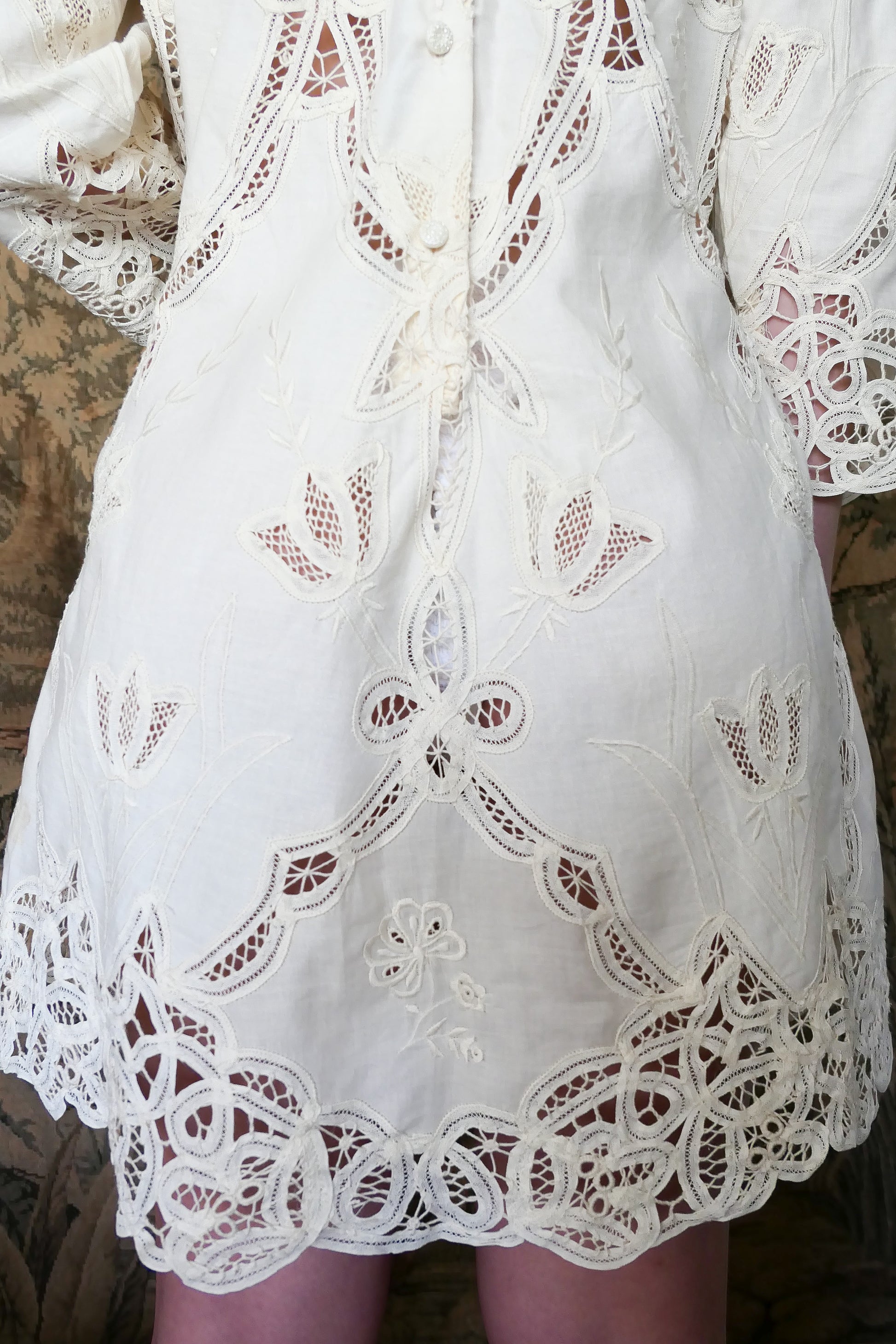 angel lace linen dress Battenberg Lace Angel Sleeve Mini Dress with Tulip Motif
