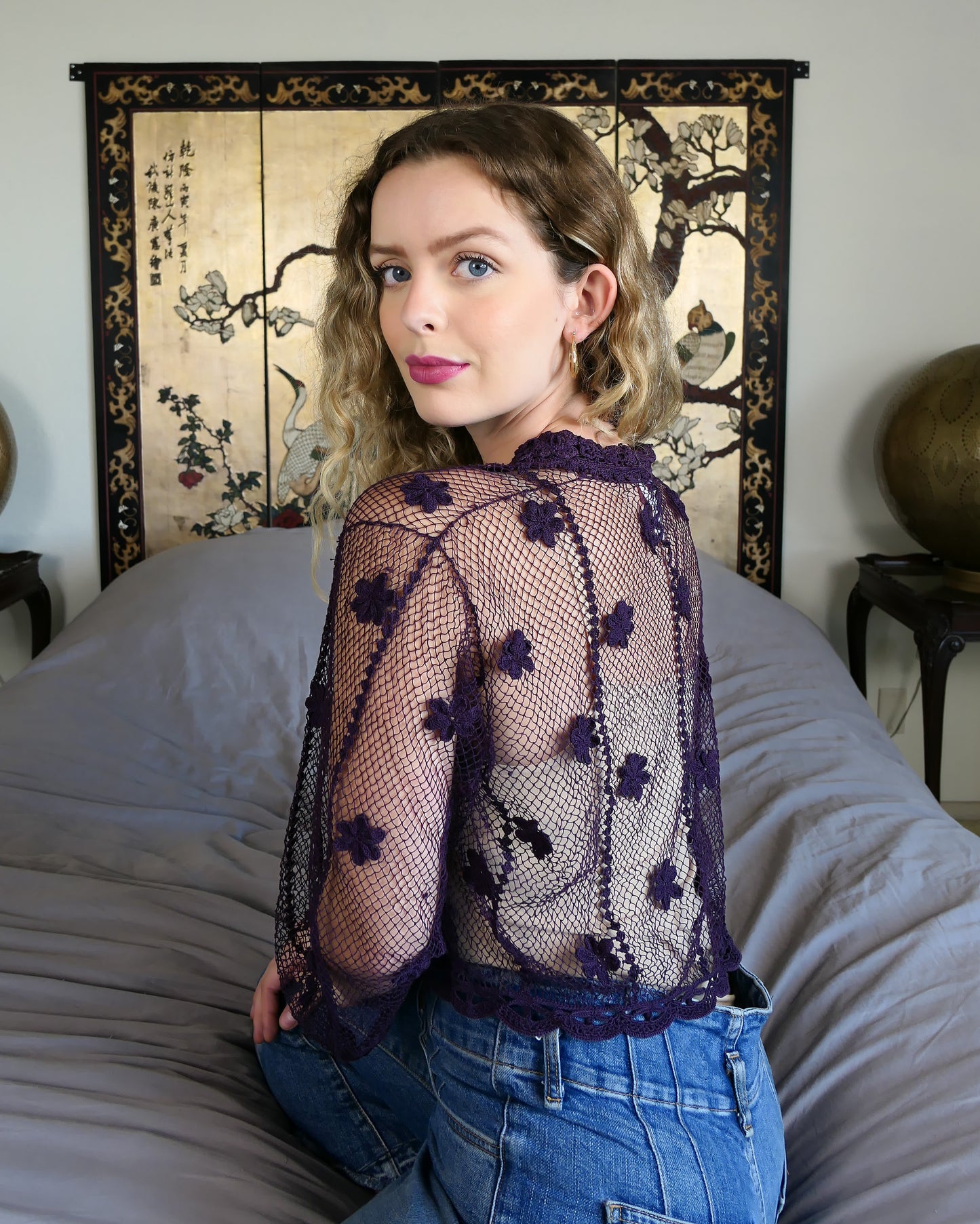 Sheer Crochet Cropped Cardigan with Mini Floral Motif