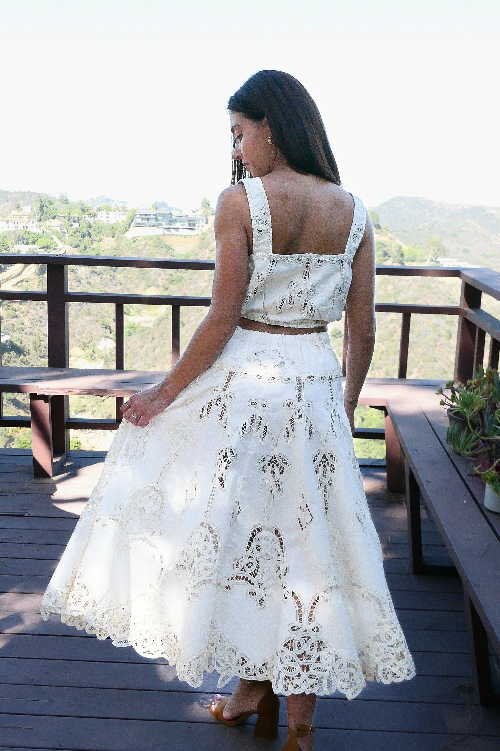 Embroidered Cotton Lace Skirt Set - Crop Top Maxi