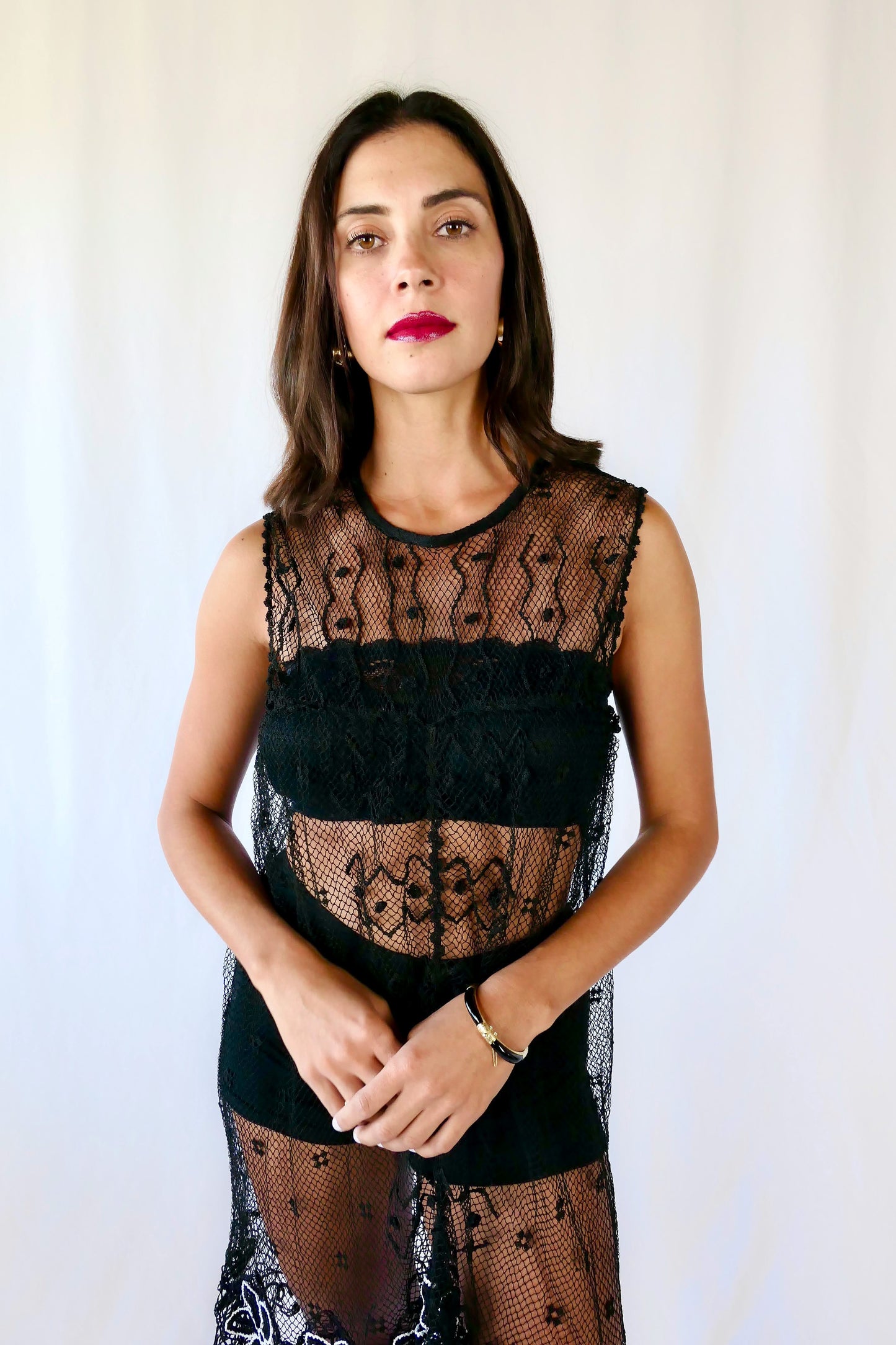 Sheer Crochet Coverup with Black and White Daisies at the Hem