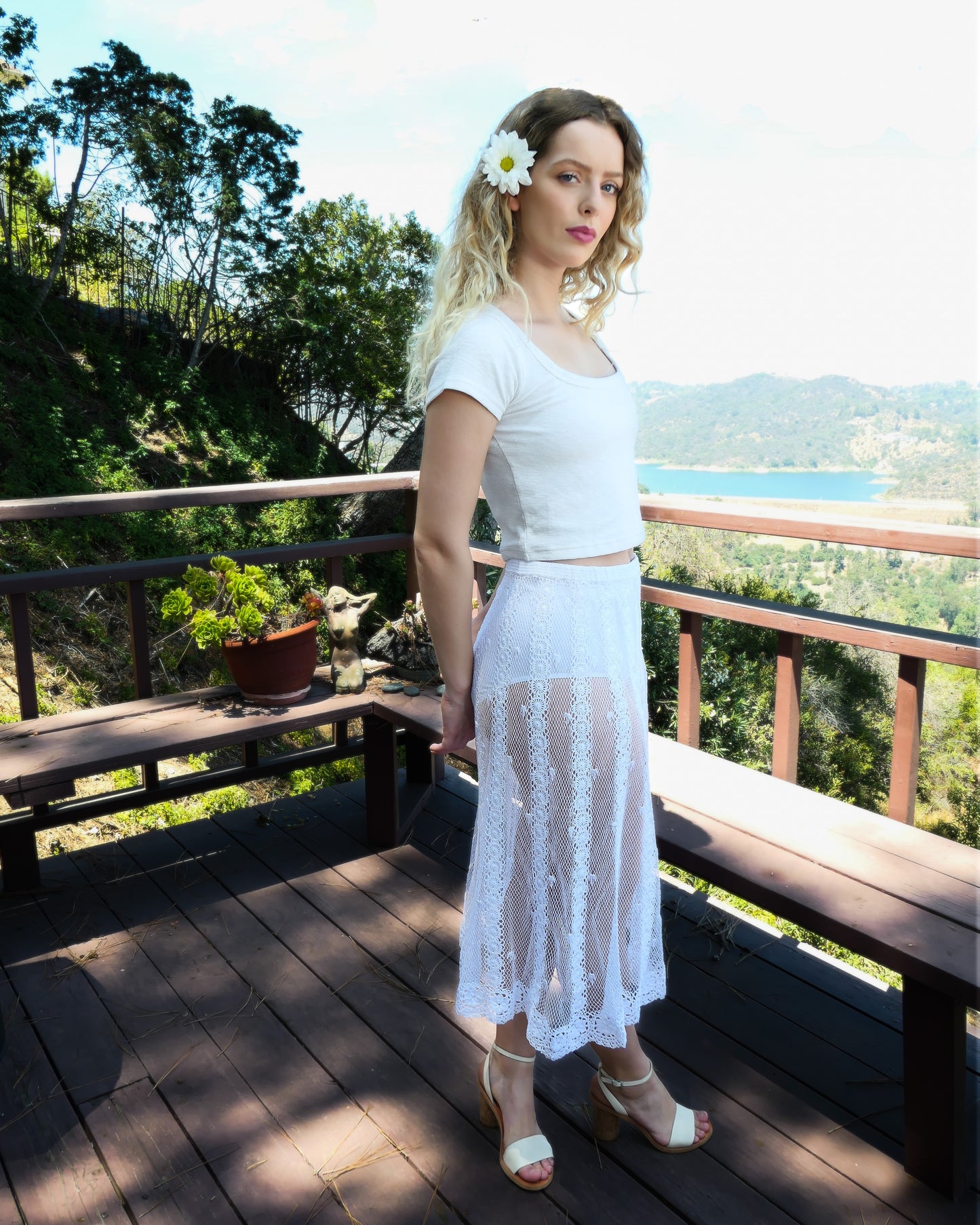 Hand Crocheted Sheer Midi Length Skirt with Vertical Stripes and Floral Motif Hem